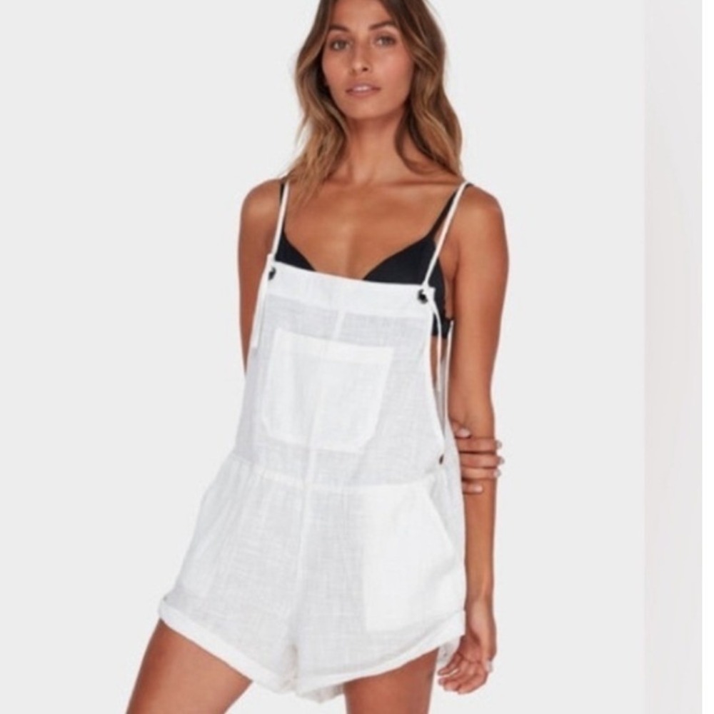 Billabong Wild Pursuit‎ White Cotton Linen Short Overalls Romper Womens Large